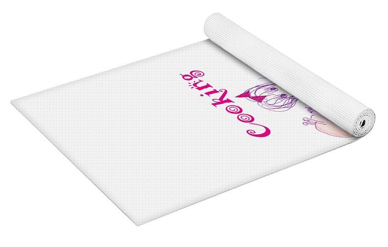 Cooking Cures Me Bibi Yoga Mat featuring a printed design on a microfiber surface and a solid black rubber back with textured dimples.